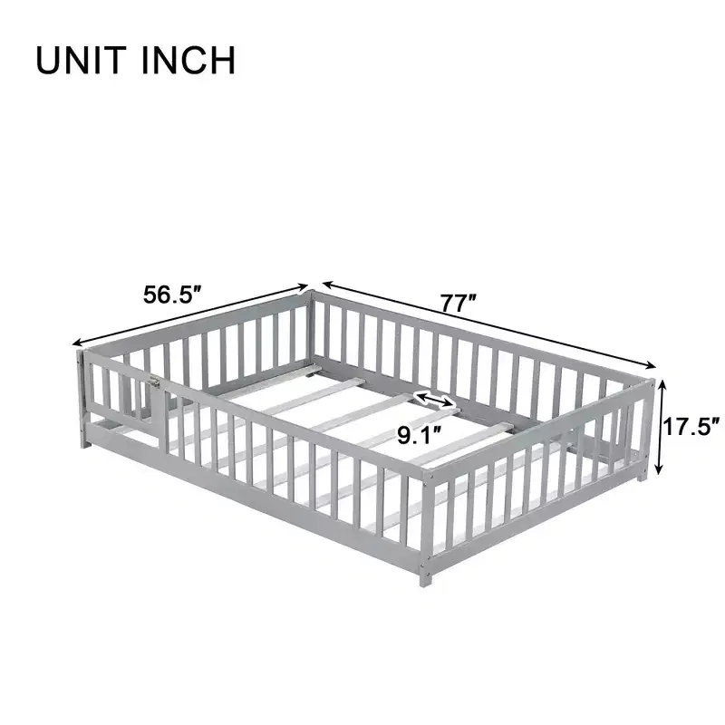 Sailvan Full Floor Bed with Fence and Door, Solid Wood Kids Platform Bed Frame