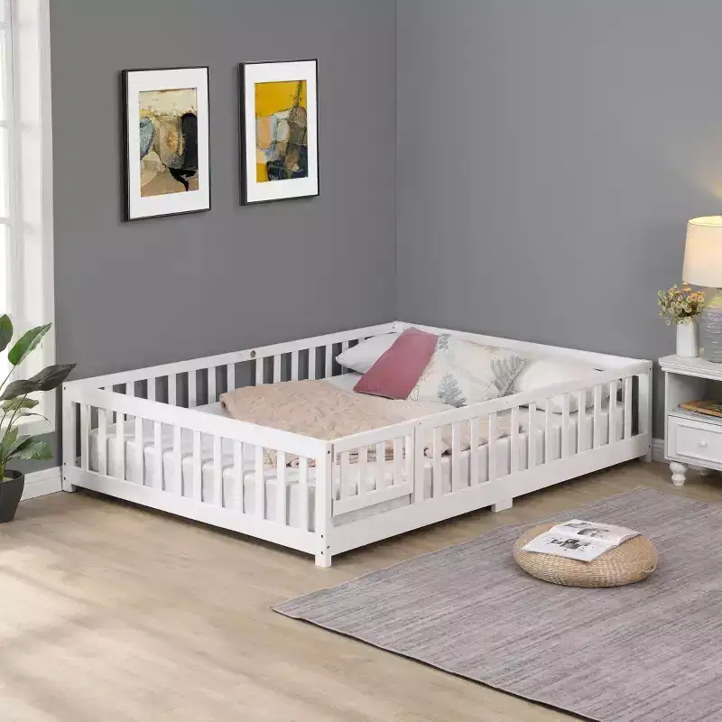 Okak Twin Size Bed with Headboard,Solid Wood Platform Bed Frame with Fence,Suitable for children, Pine Wood, White
