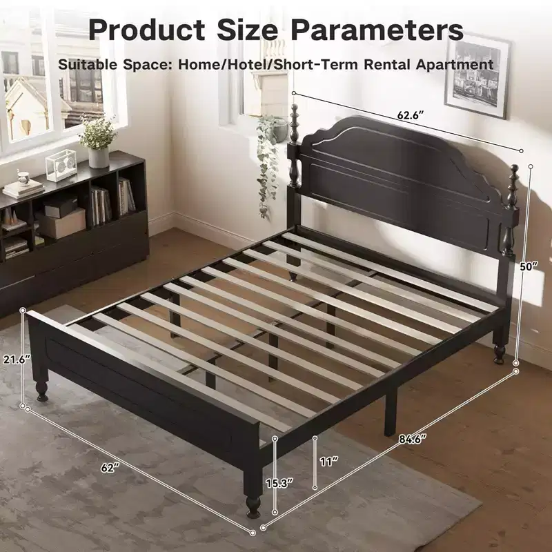 Solid Bed Frame, Queen Bed Frame, Wooden Platform Bed Frame with Headboard & 12 Under Storage