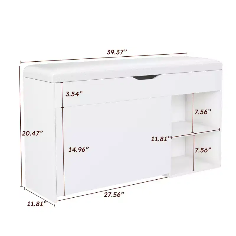 FurnitureR Entryway Bench with Shoe Storage, 3-Tier Flip-Up Drawers, Hidden Cabinet, Space-Saving Organizer, White