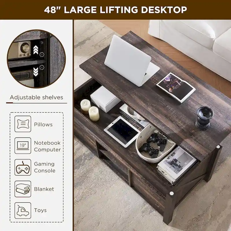 Farmhouse Lift Top Coffee Table, Rustic Wood Center Table