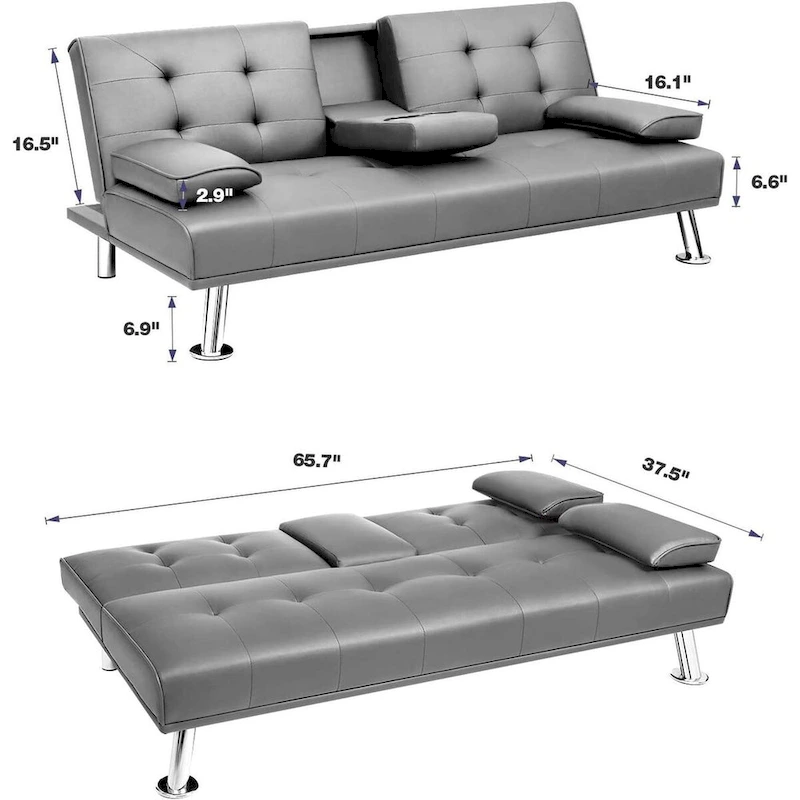 Furniwell Modern Faux Leather Futon with Cup Holders & Pillows, 65