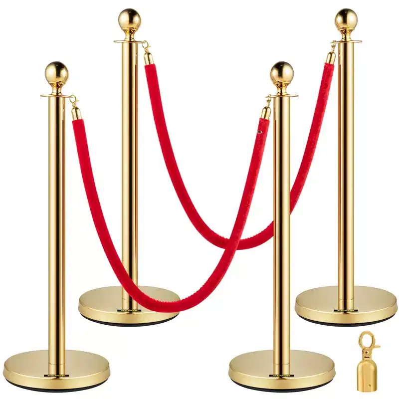 VEVOR Crowd Control Stanchion, Set of 4 Pieces Stanchion Set, Stanchion Set with 5 ft/1.5 m Red Velvet Rope, Crowd Control Barrier, Gold