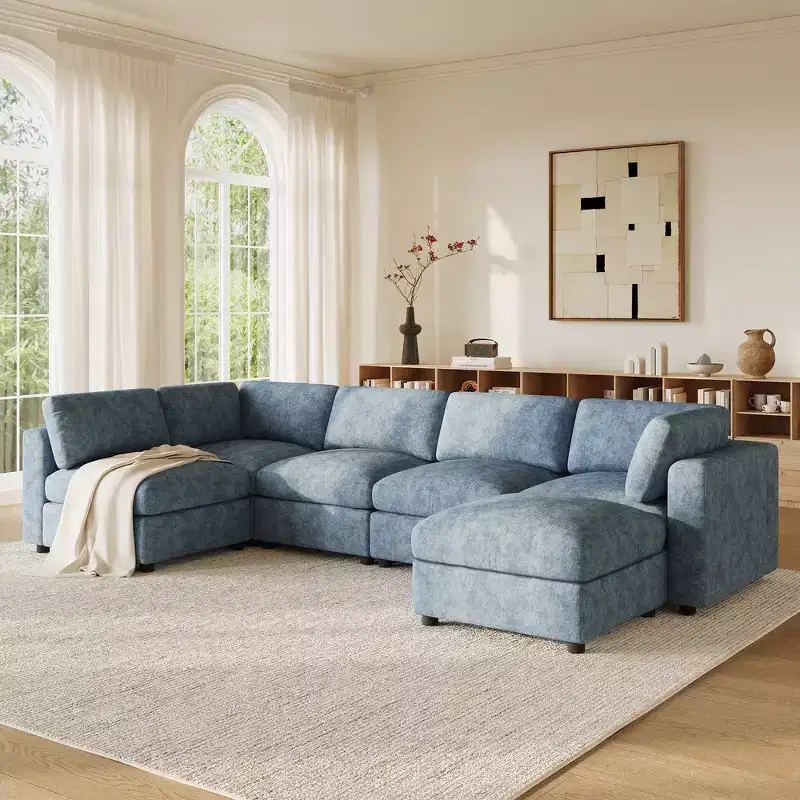 Whisen 129 Modular Sectional Sofa, 6 Seat U-Shaped Chenille Couch Cloud Sofa Bed, Convertible Sleeper Sofa with Ottoman, High Density Foam
