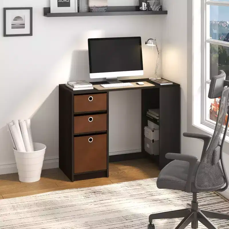 39 Computer Desk Study Writing Desk with 3 Storage Bins & Open Shelves