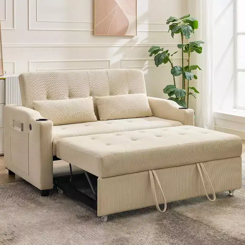 Convertible Sofa Bed, Corduroy Sleeper Loveseat with Pull-Out Bed, Adjustable Backrest and Side Pockets, Modern Upholstered Sofa for Home Office