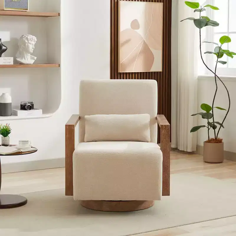 Okak Modern Swivel Accent Chairs for Bedroom, 30.3W Upholstered Chair with Solid Wood Armrests and 360 Degree Comfy Lounge Reading Chair