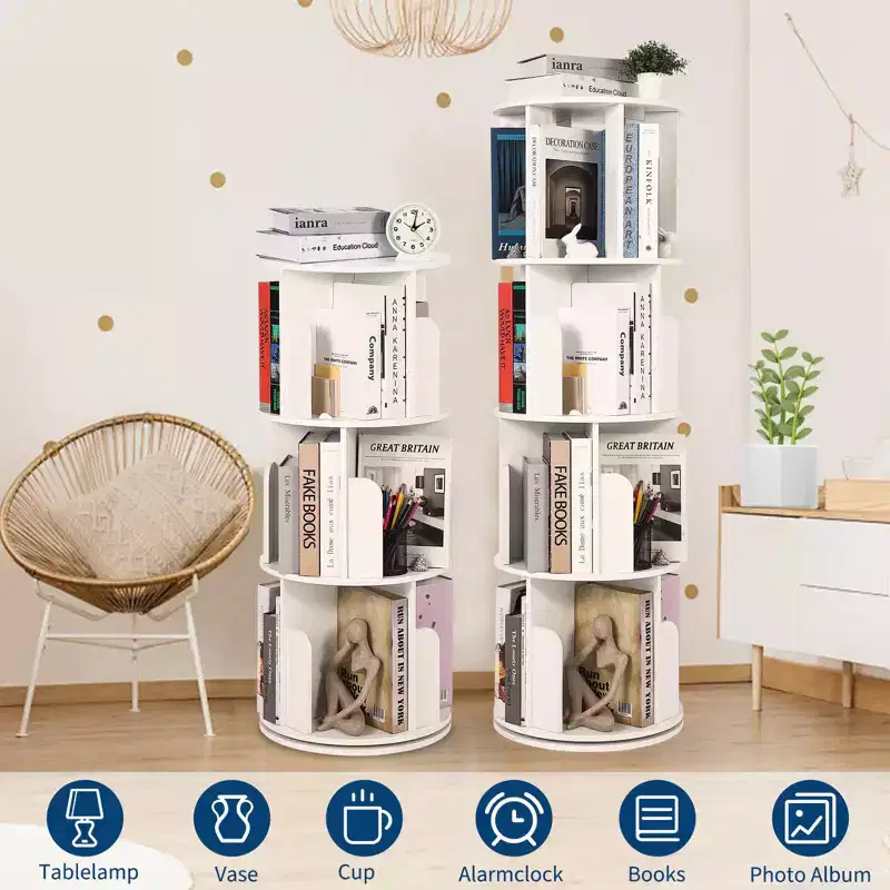 4-Tier Rotating Bookshelf Tower, Revolving Bookcase for Small Spaces, 360 Display Floor Standing Book Shelf Organizer for Bedroom Living Room