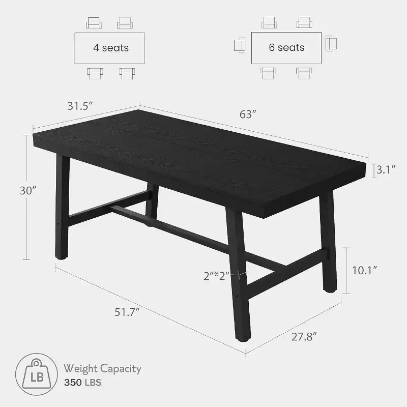 63in Large Rectangle Dining Table for 4-6 People, Rustic Wood Kitchen Table with Metal Legs, Industrial Patio Table for Living Room, Dining Room