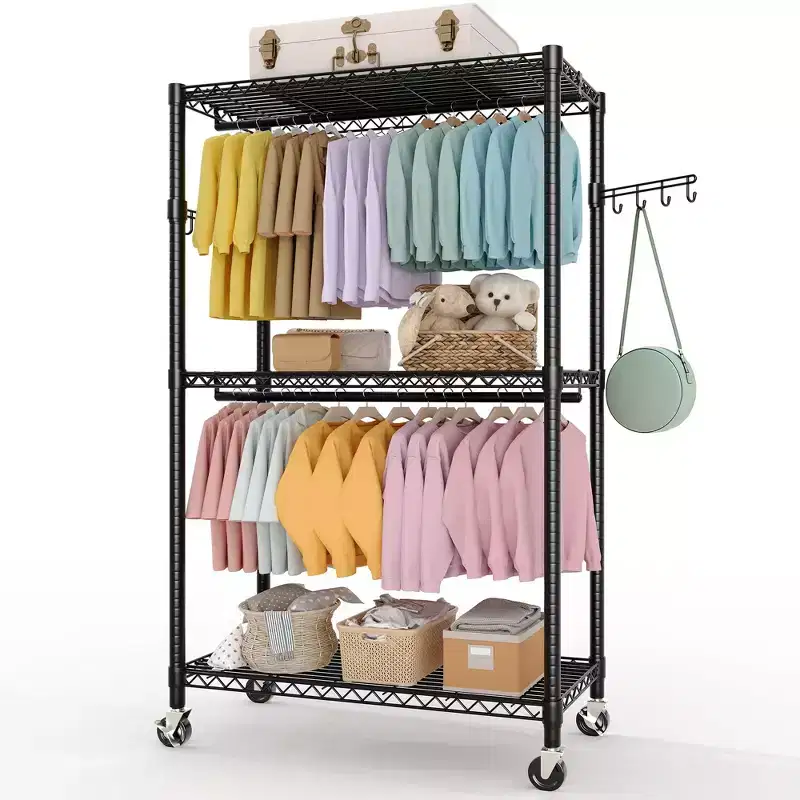 Rolling Clothes Rack, 75.6H Heavy Duty Metal Garment Rack with Wheels, 1 Hanger Rod, Adjustable Shelves & Side Hooks, Portable Clothes Wire Rack