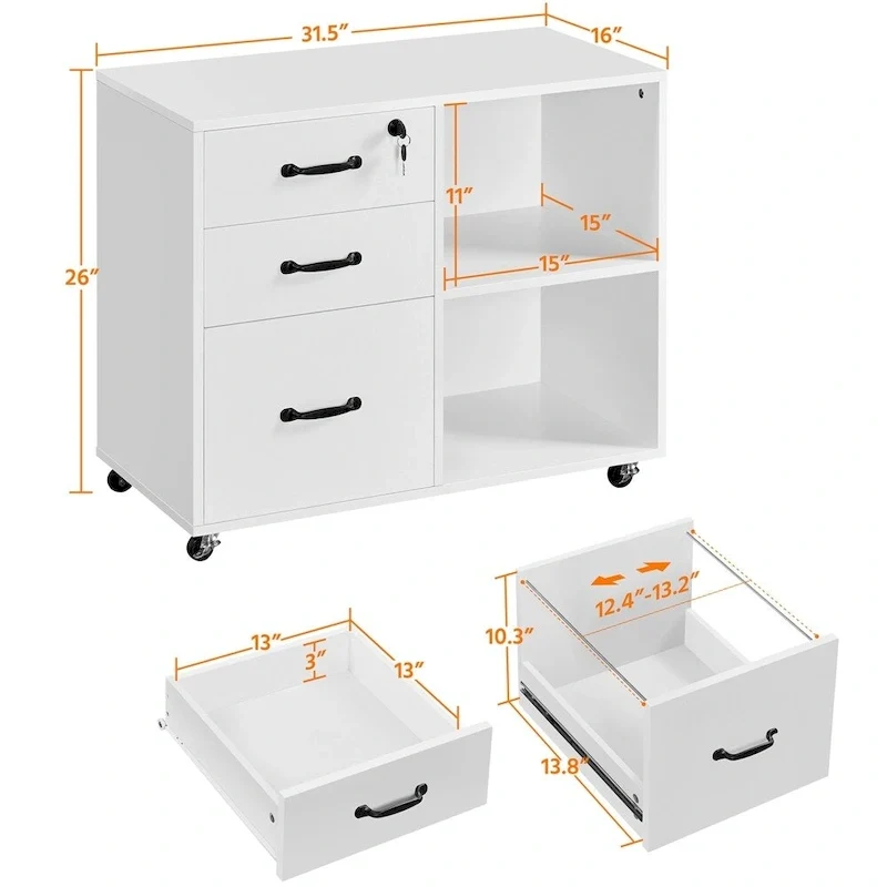 Rolling File Cabinet on with 3 Drawers and 2 Shelves