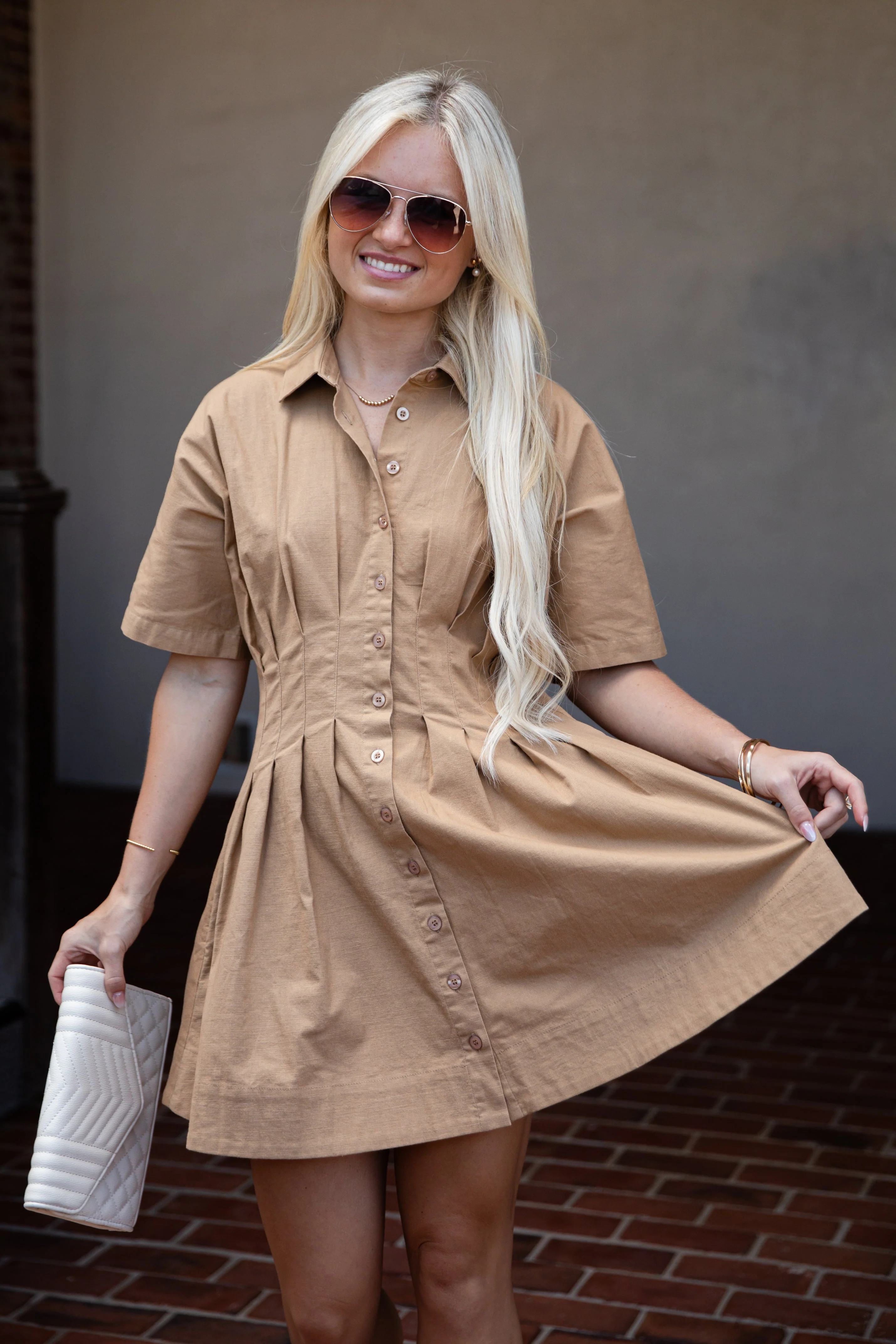 Taupe Button-Up Pleated Mini Dress