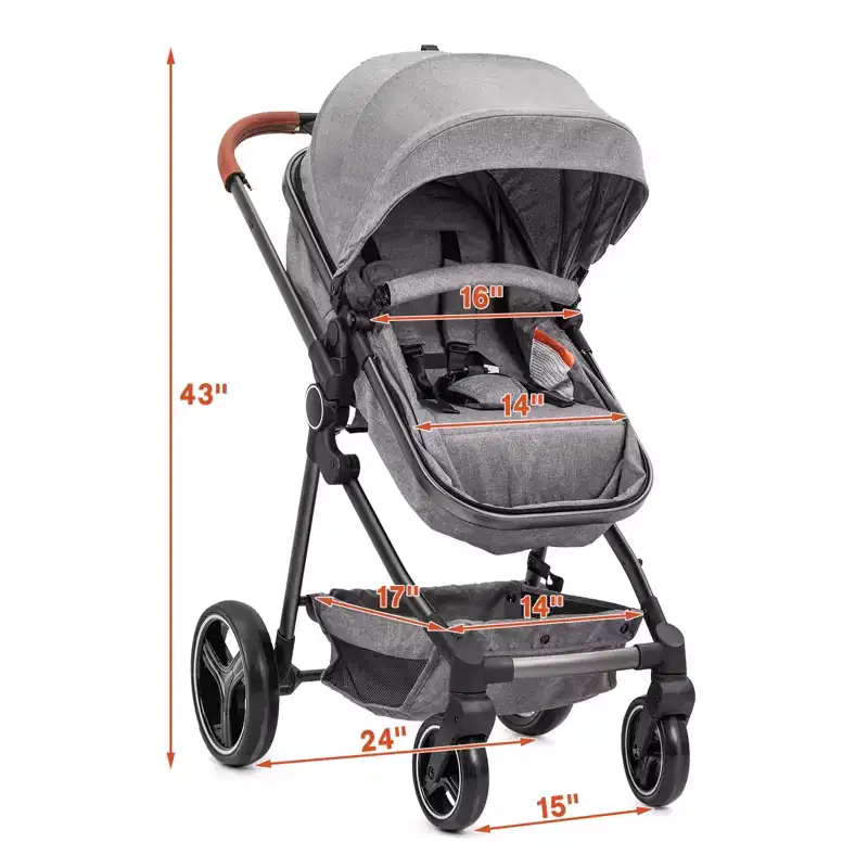 Convertible stroller, foldable stroller, 3-in-1 reversible stroller with adjustable backrest and canopy, windproof footmuffs, safety belt
