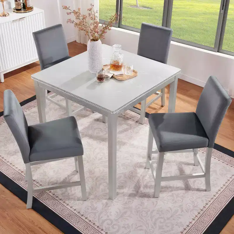 MAYEERTY 5-Piece Counter Height Table Set, Wooden Table & 4 Upholstered Chairs