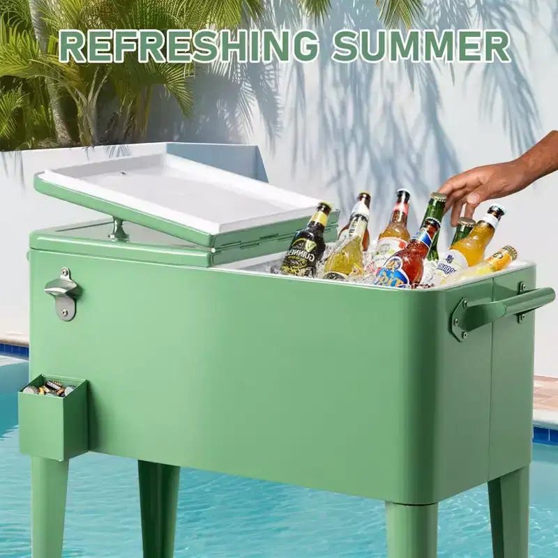 80 Quart Rolling Ice Chest Portable Bar Drink Cooler with Catch Basin, Bottom Storage Tray for Patio Party BBQ Beach, Green