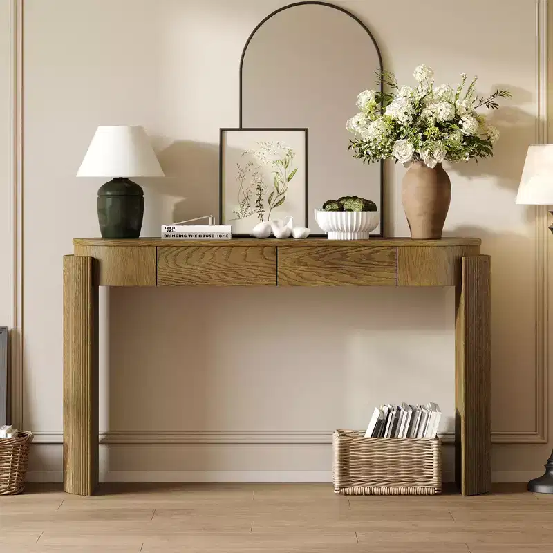 Entryway Table with Natural Wood Grain Finish, Recessed Console, Oval Top, Two Drawers, for Entryways and Living Rooms