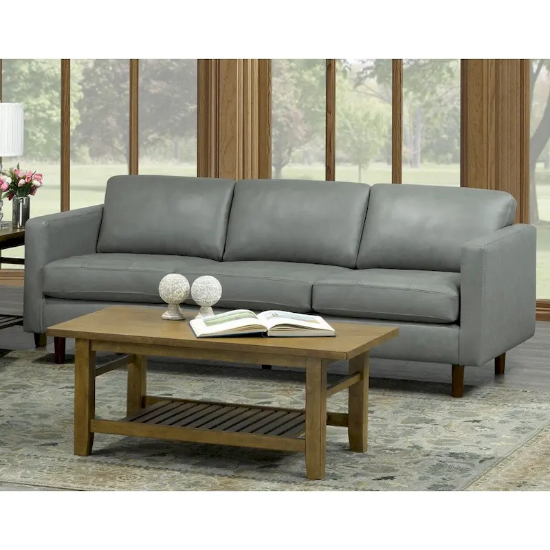 Booker Mid Century Modern Grey Top Grain Italian Leather Tufted Sofa and Loveseat