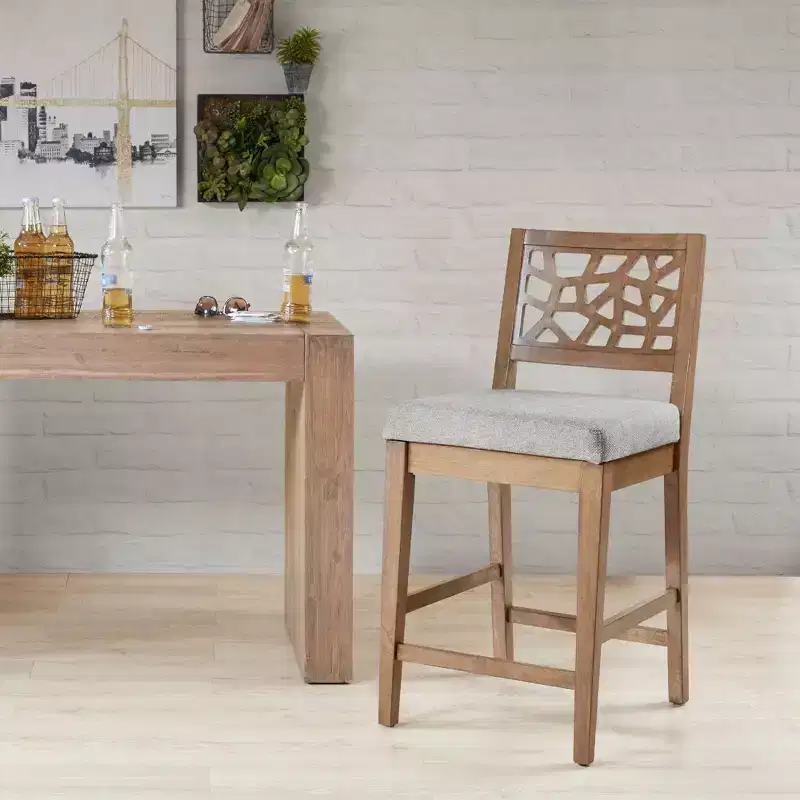 Counter Height Barstool, Light Gray Upholstered Oak Veneer with Rubberwood Legs, 300 lbs Capacity
