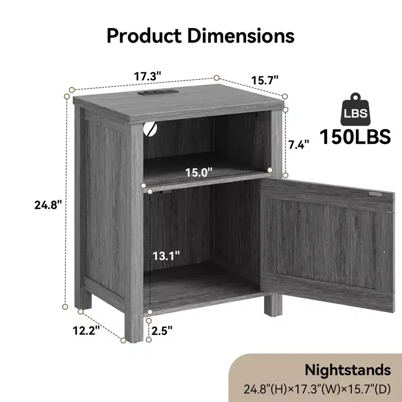 2 PCS Nightstand with Charging Station, Farmhouse Bedside Table with Open Shelf, Enclosed Cabinet, USB Port and AC Outlet, Bedside table with storage