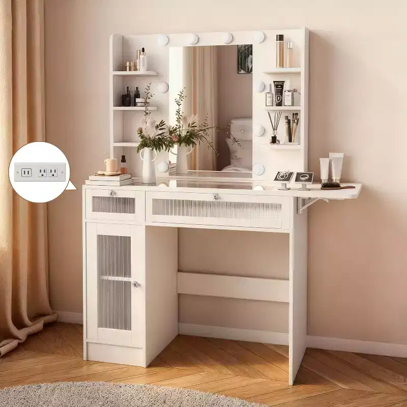 White Dressing Table with RGB Mirror, Desk Lamp, USB Charging Port, Cabinets and Drawers
