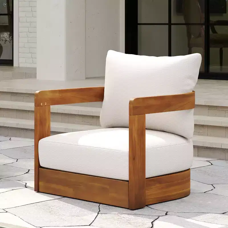 Patio Accent Chair Barrel Chair Outdoor Club Chair Curved Armchair Patio Seat with Water-Resistant Cushion & All-Weather Acacia Wood Frame -ModernLuxe