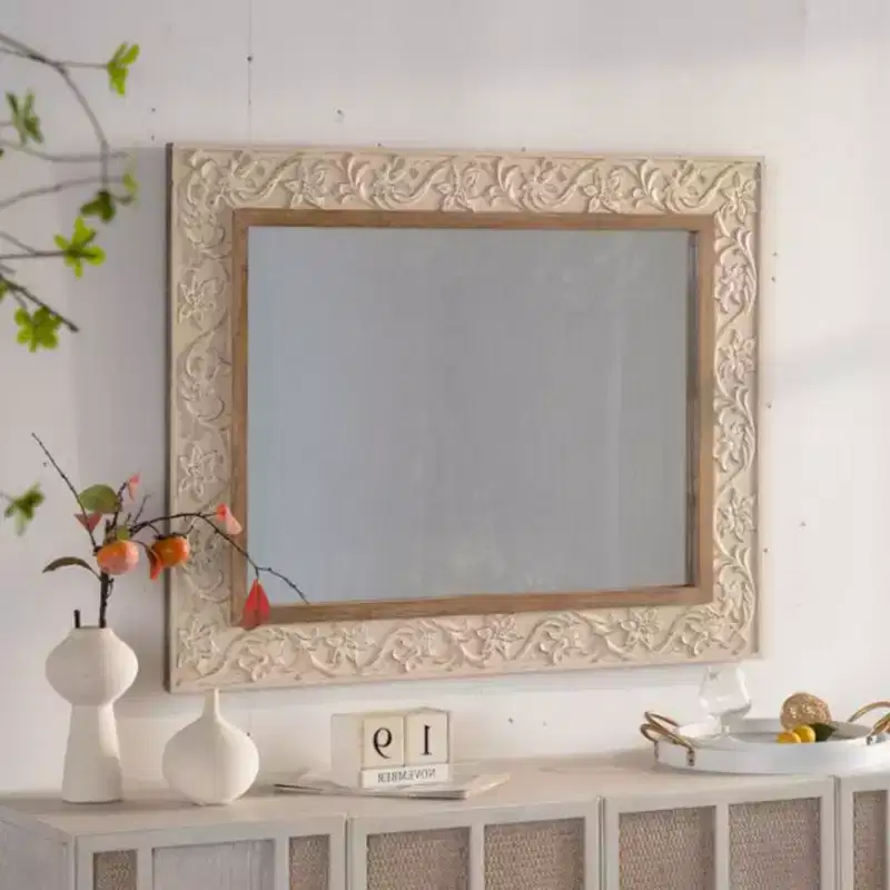 38 x 30 Vintage Rectangular Decorative Wall Mirror with Carved Pattern Frame, Wall-Mounted Mirror for Living Room or Entryway Dcor-Panipeachy