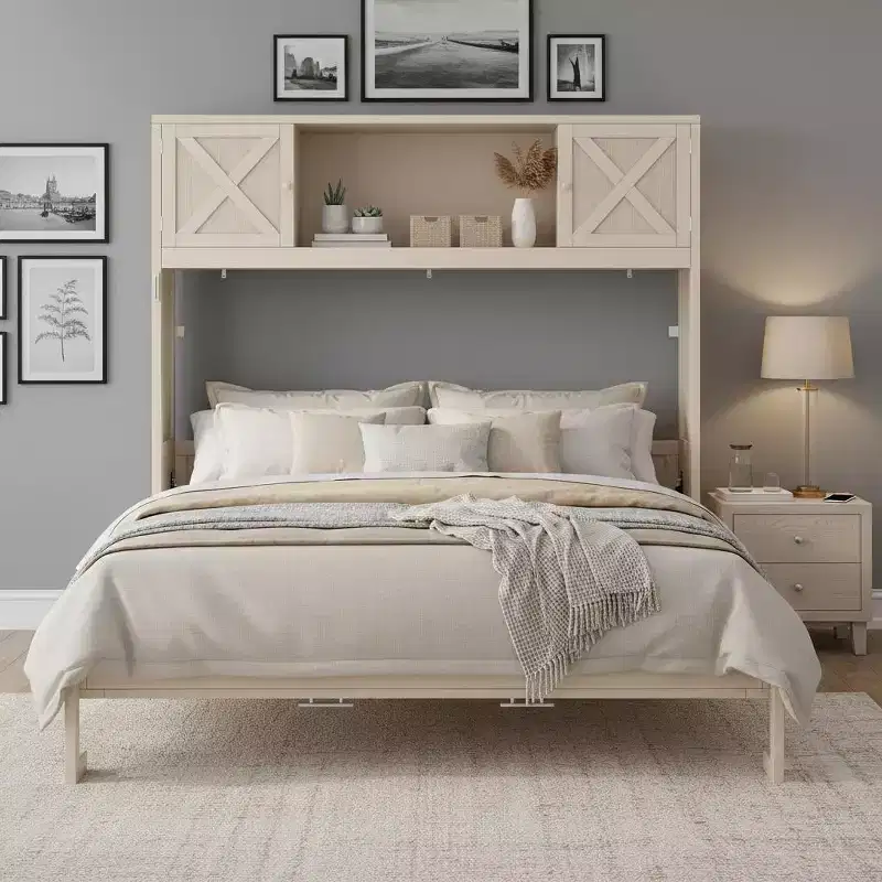 Polibi Full Size Murphy Bed with Overhead Storage & Decorative Cabinet Doors