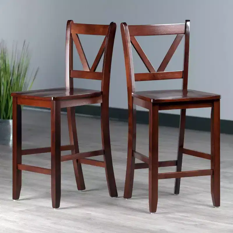 Set of 2 V-Back Counter Height Barstools, Solid Wood, Walnut Finish, 24