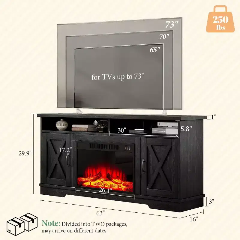 AMERLIFE 63 Farmhouse TV Stand with 26 Fireplace, for TVs up to 73 for Living Room