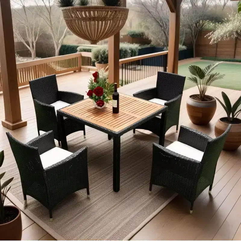 Whisen 7 Piece Outdoor Patio Wicker Dining Set with Acacia Wood Table Top, 6 Chairs