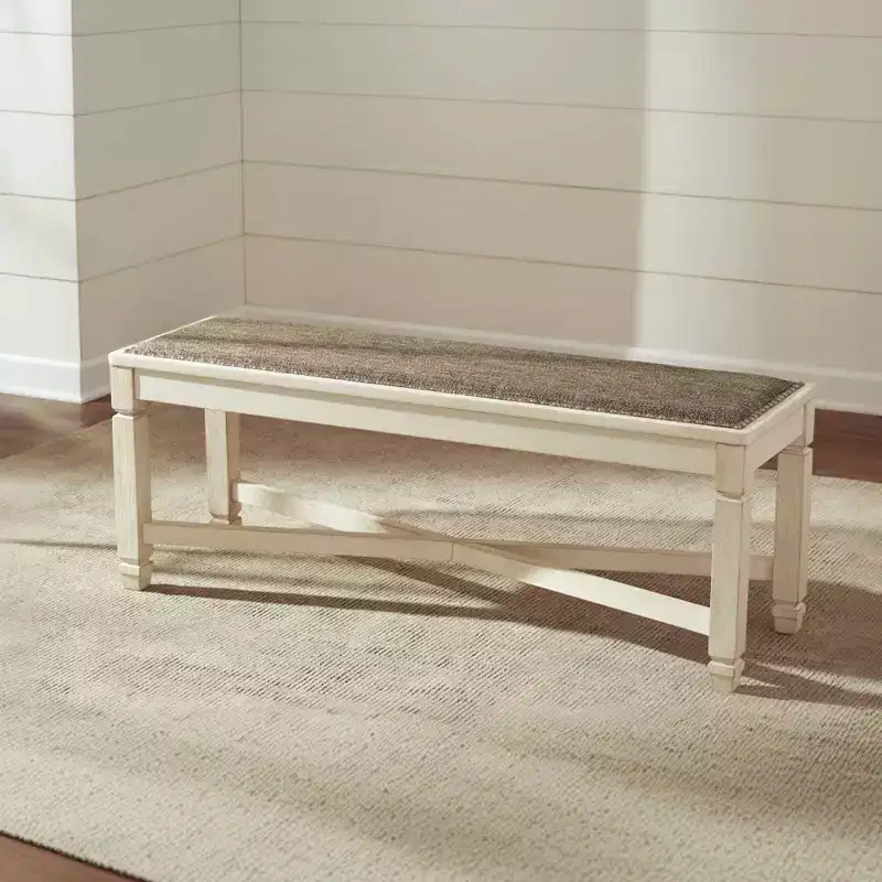 Antique White Upholstered Dining Bench, Seats 2