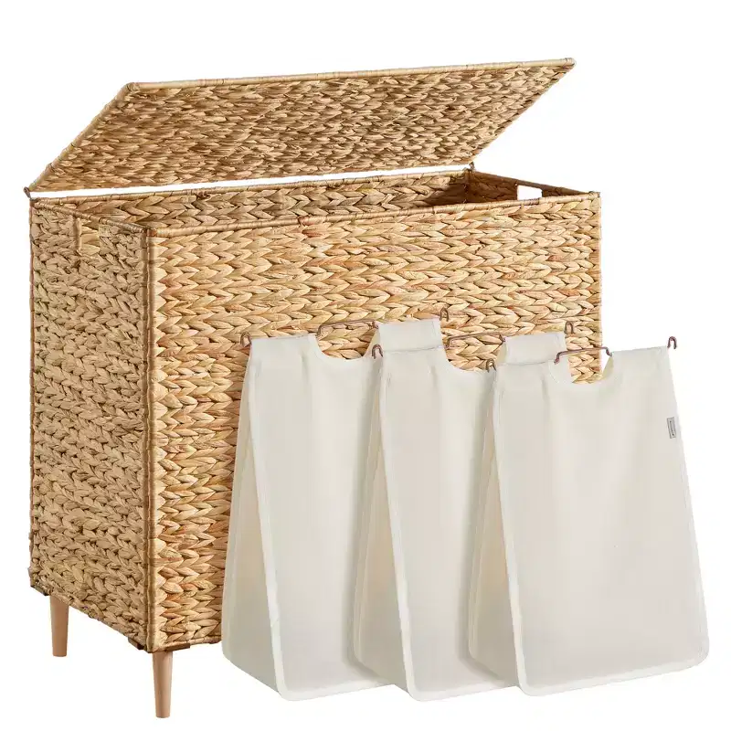 SONGMICS Laundry Hamper 3 Sections, 47.5 Gal. (180 L) Handwoven Water Hyacinth Wicker, with Lid, Removable Washable Liners, Handles, Natural