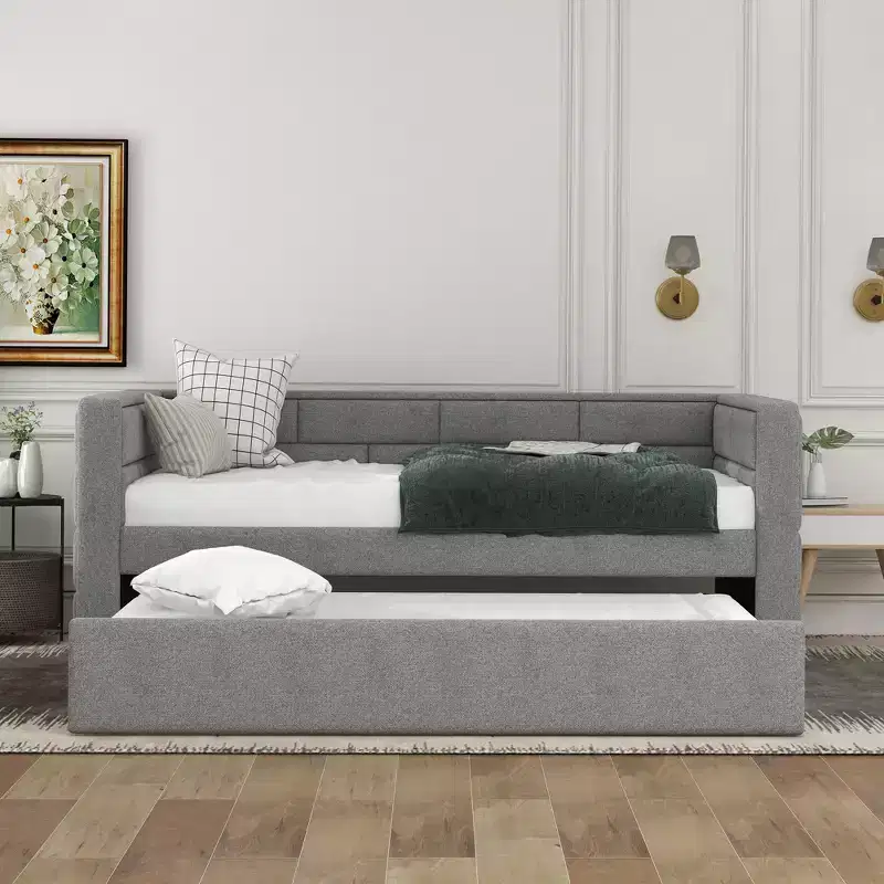 Twin Size Daybed with Trundle Bed and Padded Back, Gray