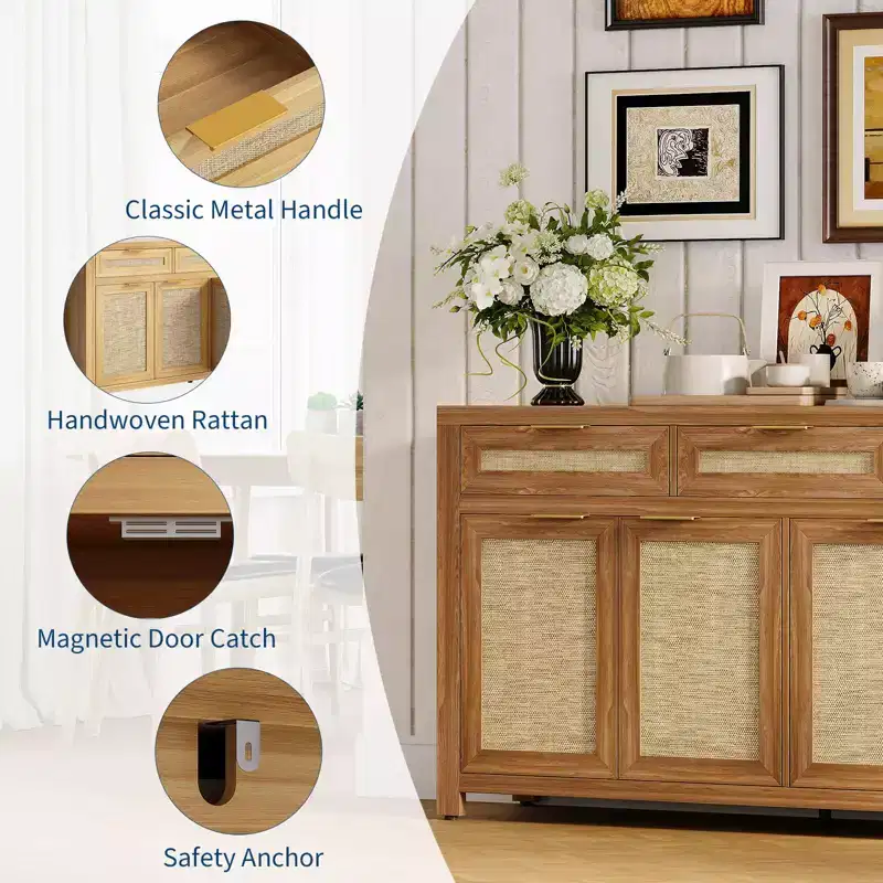 63in Deep Farmhouse Buffet Sideboard Cabinet with Rattan Panels, 3 Drawers, 4 Doors, Adjustable Shelves - Dining Room, Kitchen, Entryway Organizer