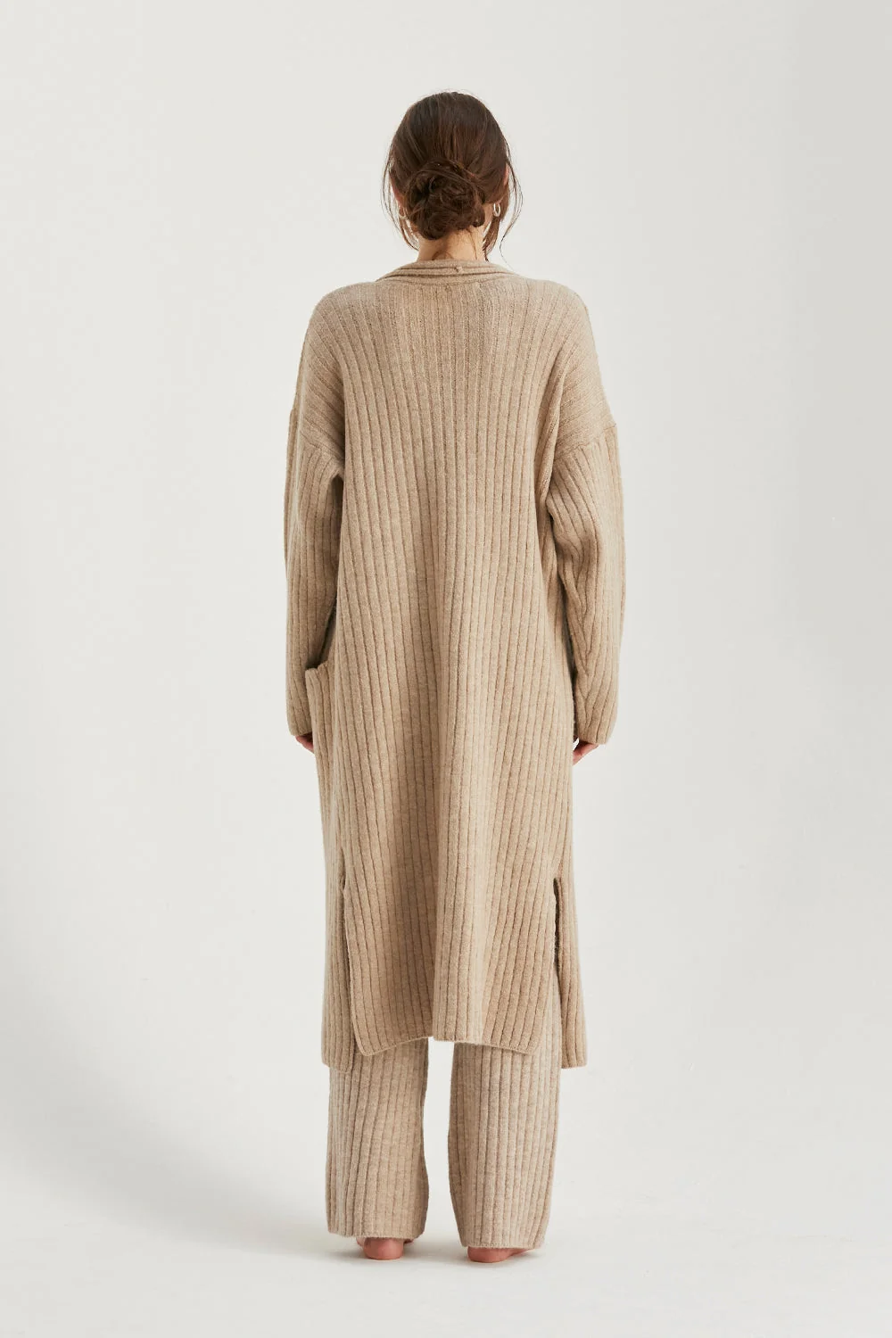 Longline Open Front Ribbed Knit Sweater Cardigan with Patch Pockets