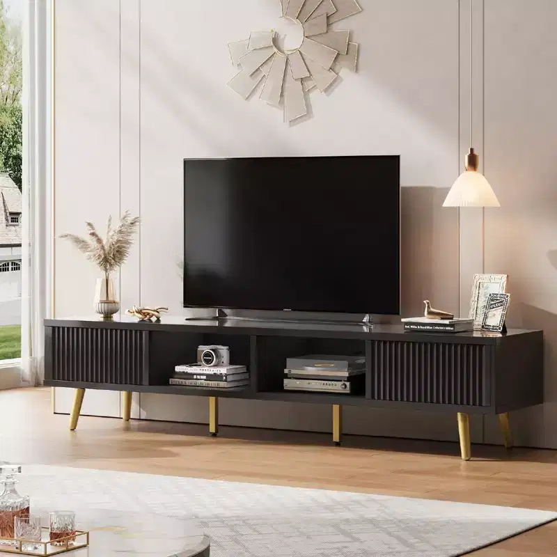 Bestier 71 Modern TV Stand for 75/80 inch TV with Fluted Sliding Doors, High Gloss Entertainment Center with Storage for Living Room, Cord Management