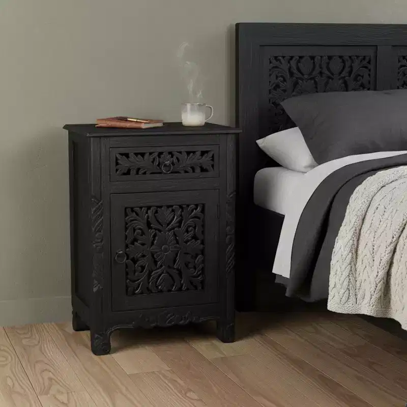 HomeRoots 30 Black Solid Wood Distressed One Drawer Nightstand