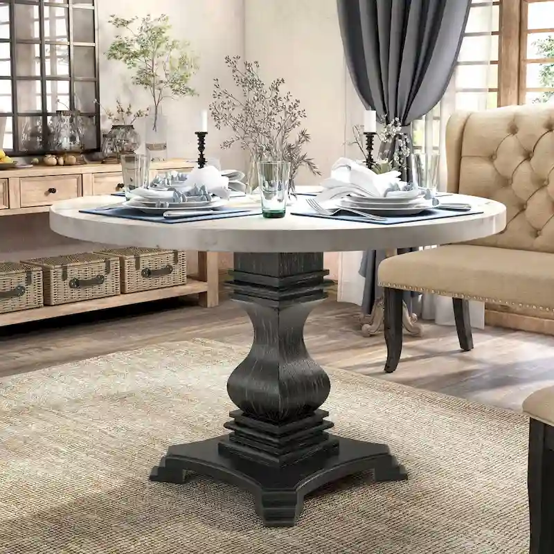 Brec Farmhouse Marble Top 5-Piece Round Dining Table Set with Tufted Chairs by Furniture of America