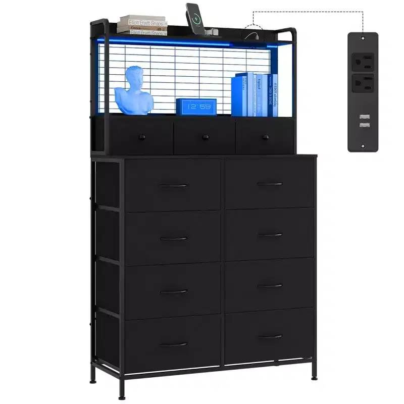 Smart Dresser with 11 Fabric Drawers, Industrial Storage Organizer with Anti-Tipping Design for Bedroom, Living Room, Closet