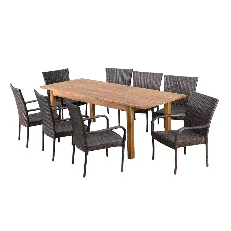 Lambert 9pc Acacia & Wicker Dining Set: Expandable, Weather-Resistant - Christopher Knight Home
