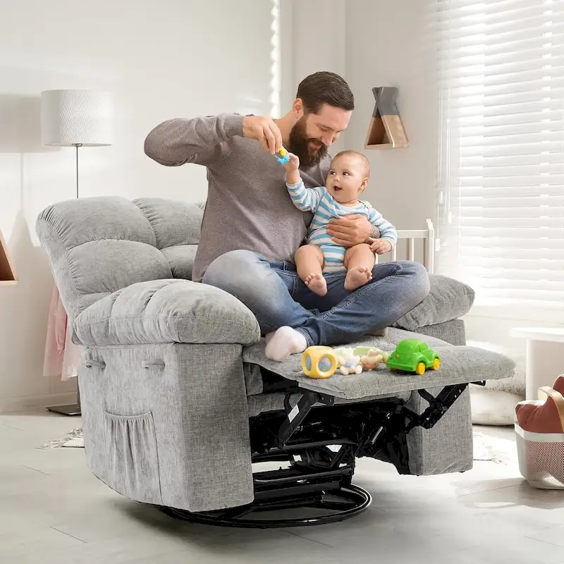 Rocking Recliner Chair, 360 Swivel Rocker Chair for Living Room, Upholstered Fabric Glider Nursery Chair with Side