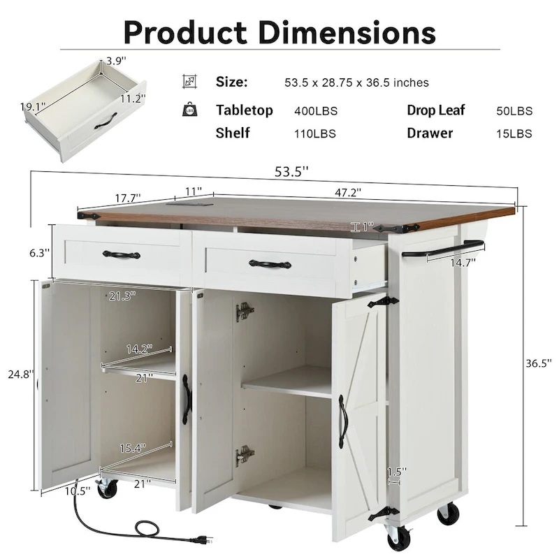 53.5 Farmhouse Kitchen Island Cart with Power Outlet, Drop Leaf, Spice Rack, and 2 Drawers, 5 Wheels