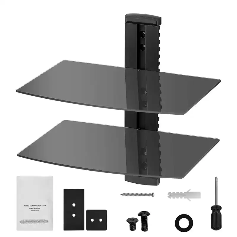 VEVOR Glass Floating Shelves, Holds up to 18 lbs, TV Wall Mount with ShelfStrengthened Floating Entertainment Center for DVD Players / PS4 -2 Tiers