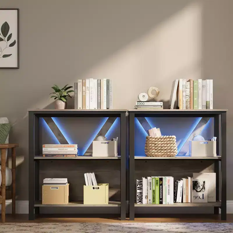 3-Tier Bookshelf with Lights - Wood & Metal Open Display Bookcase, Standing Storage Rack for Living Room, Bedroom, Home Office