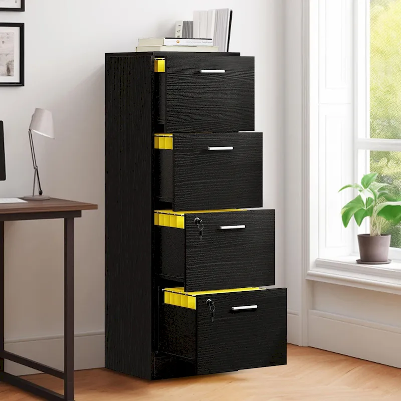 Vertical 4-Drawer Locking File Cabinet, White & Black, Single User – Letter/A4