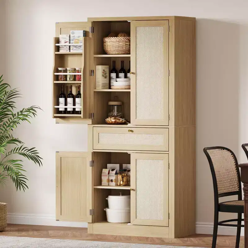 72-Inch Oak Farmhouse Pantry Cabinet C Tall Rattan Cupboard with Drawer & Adjustable Shelves for Kitchen, Dining Room & Bathroom (1-Piece)