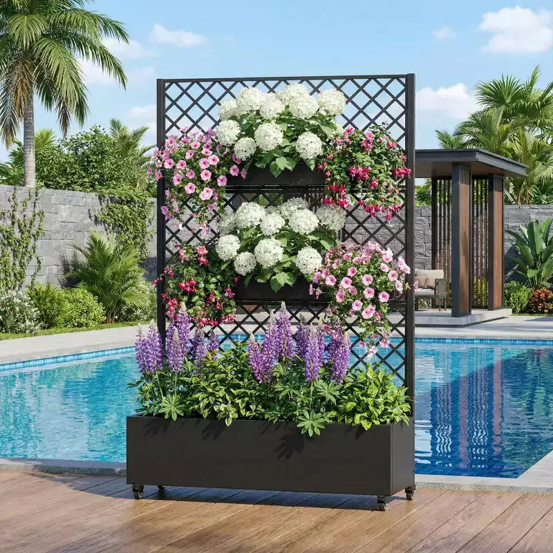 MAYEERTY Black Wrought Iron Planter with Trellis (Diamond), 72x47x16, 3-Piece Patio Garden Planter