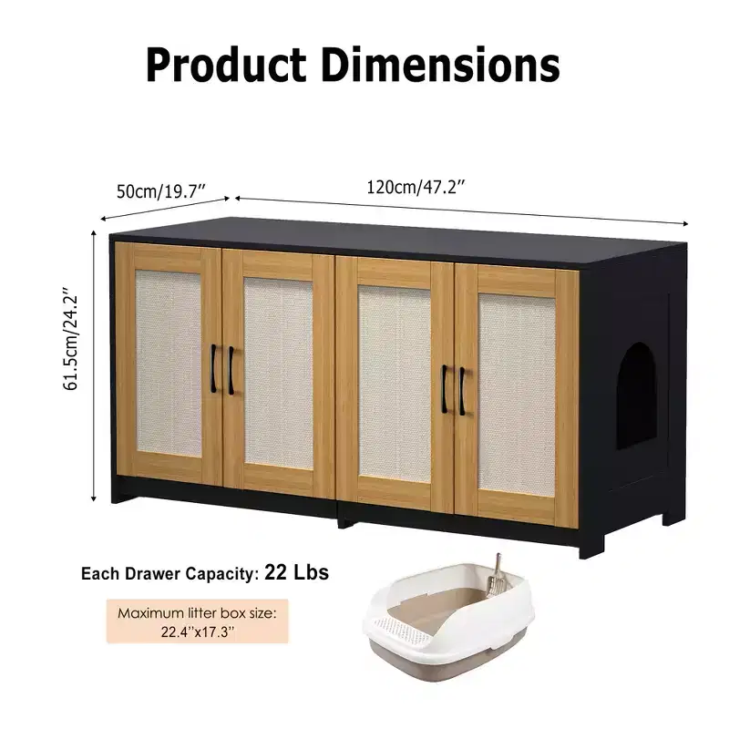 Double Litter Box Enclosure Furniture for 2 Cats | 47.2 Large Hidden Cabinet with Sisal Doors, Multi-Functional Cat TV Stand/Side Table