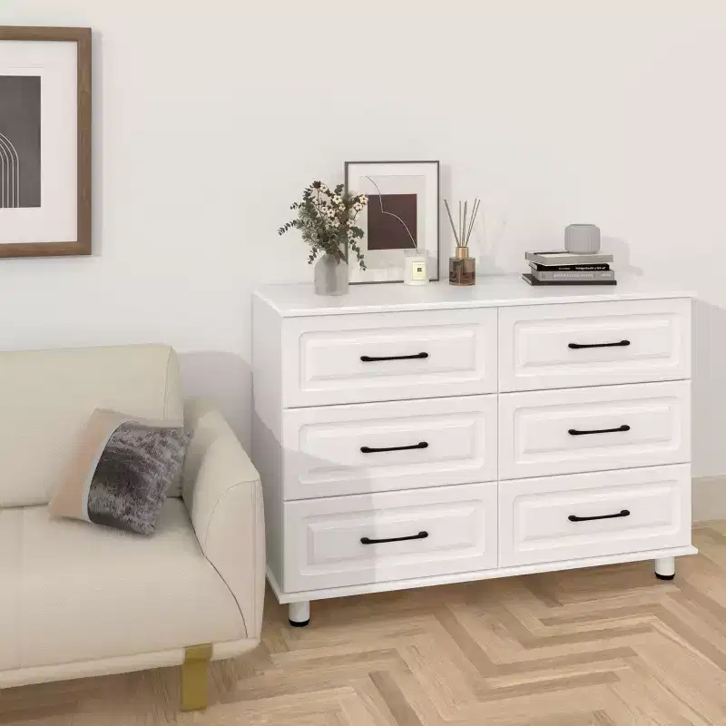 Sandinrayli White Dresser for Bedroom, 6 Drawer Dresser Wide Modern Nightstand Closet Wood Dressers with Steel Handles, White