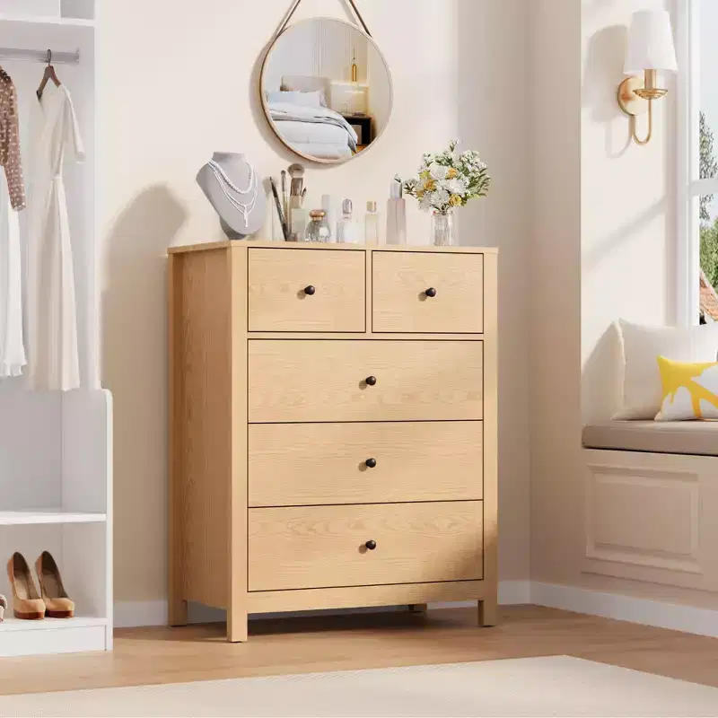 5-Drawer Tall Wooden Dresser for Bedroom, Modern Double Chest of Drawers with Deep Drawers & Metal Knobs for Kids Bedroom, Entryway & Hallway